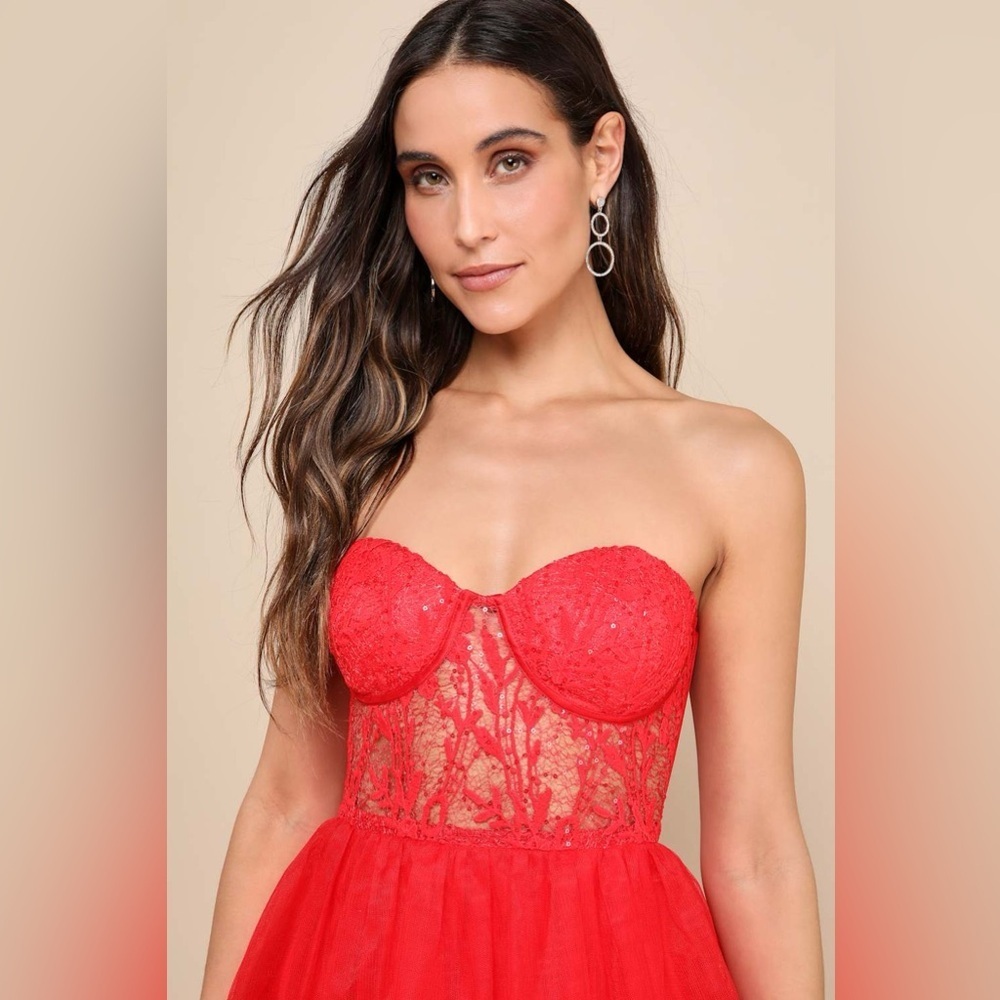 LULU’S RADIANT DESIGN TULLE LACE STRAPLESS BUSTIER MAXI DRESS - Picture 4 of 16